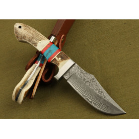 Damascus steel antler inserted two-color wood handle full tang collection straight knife DKH27 demon top UD05086 